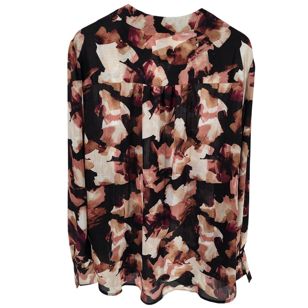 Anne Klein Blouse Womens Large Black Multi New Abstract Floral V-Neck Georgette - Picture 2 of 8